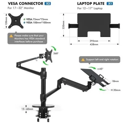 Gamvity Aluminum Height Adjust Desktop 17-32 Inch Monitor Mount Gas Spring Arm+12-17 Inch Laptop Holder Stand Full Motion Ol-3l Pro- Black